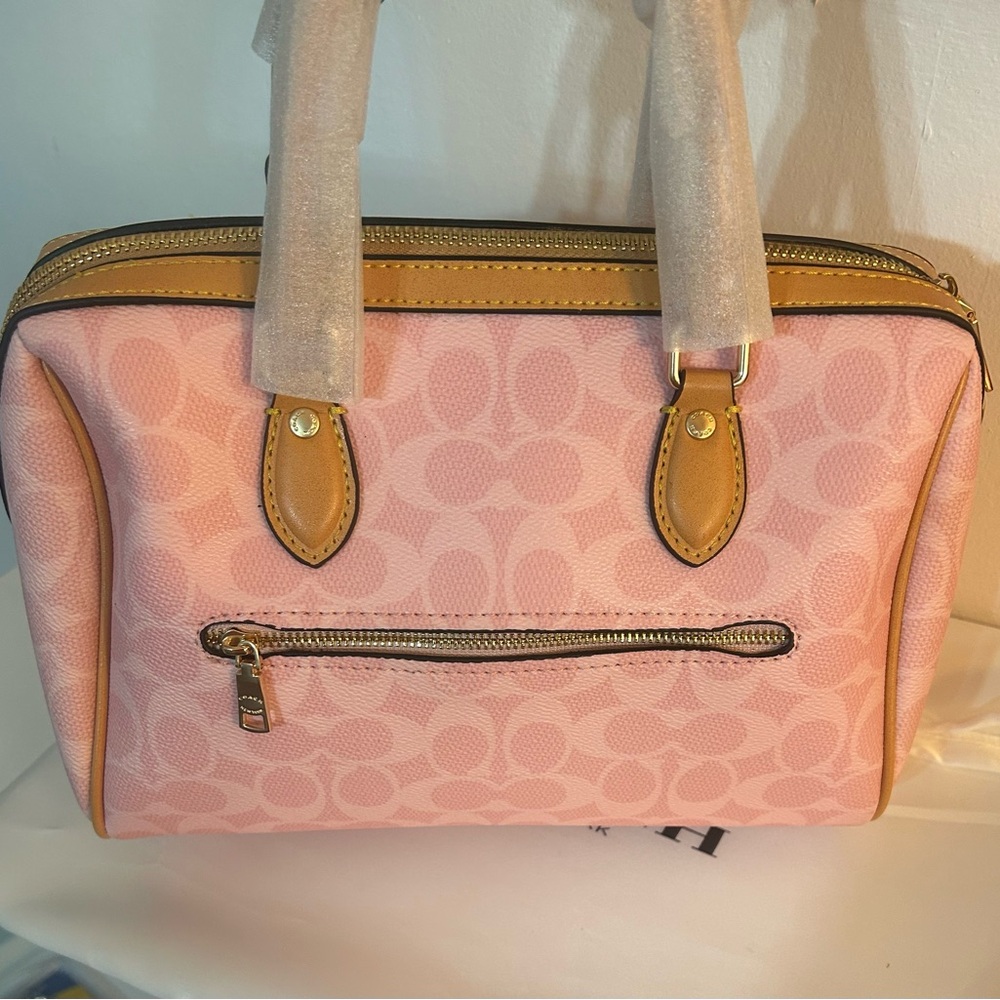 Coach Pink Signature Satchel with Tan Trim and Floral Charm - Picture 4 of 10